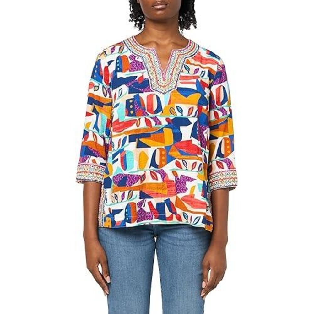 John Mark Plus Sz 1X Top Geometric Art to Wear‎ Multi Embroidered Artsy Colorful